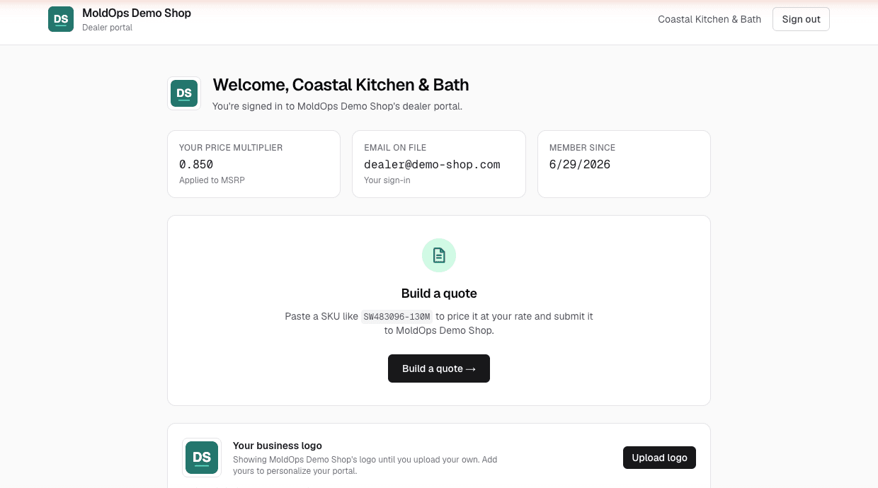 A branded MoldOps dealer portal where a dealer sees their price multiplier and builds quotes
