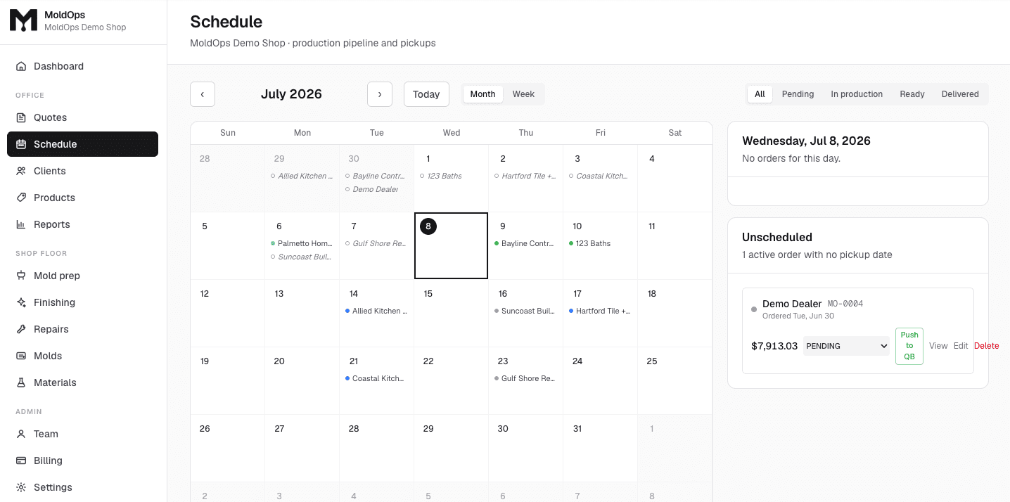 MoldOps production schedule — a month calendar of orders and pickups with status dots and an unscheduled queue