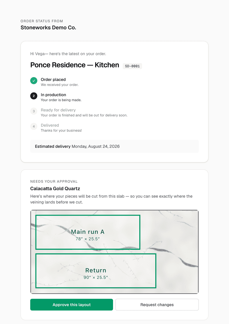 A customer's order page showing their kitchen job's status and, below it, the vein layout awaiting approval — two countertop pieces placed to scale on a photo of their Calacatta Gold slab, with Approve this layout and Request changes buttons